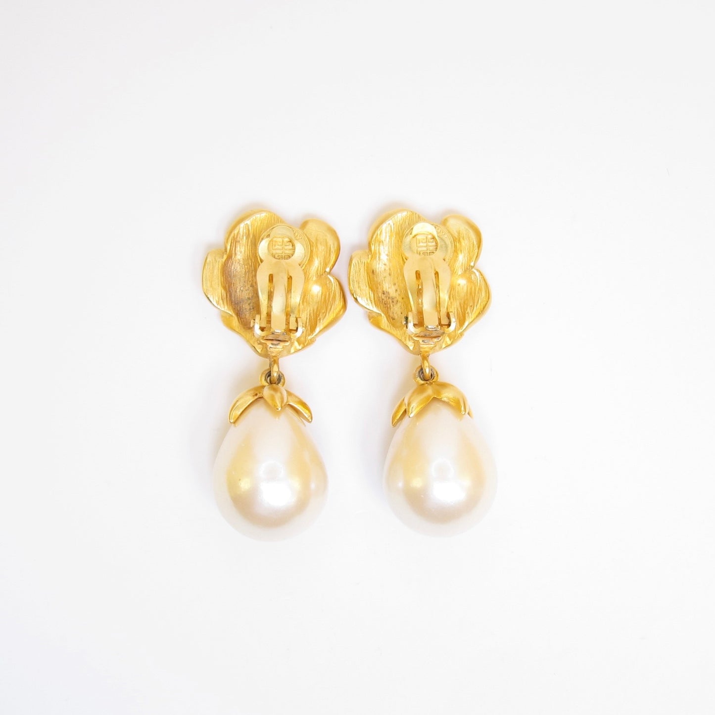 Givenchy Vintage Flower with Rhinestone and Pearl Dangle Golden Clip-on Earrings
