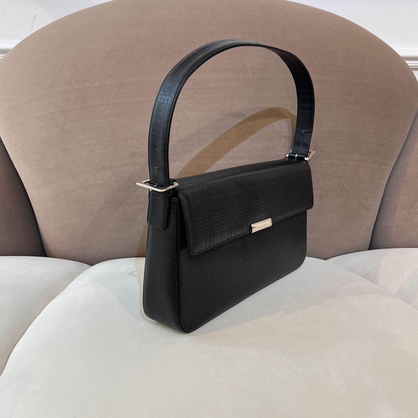 Burberry Vintage Embossed Check Black Leather Shoulder Bag