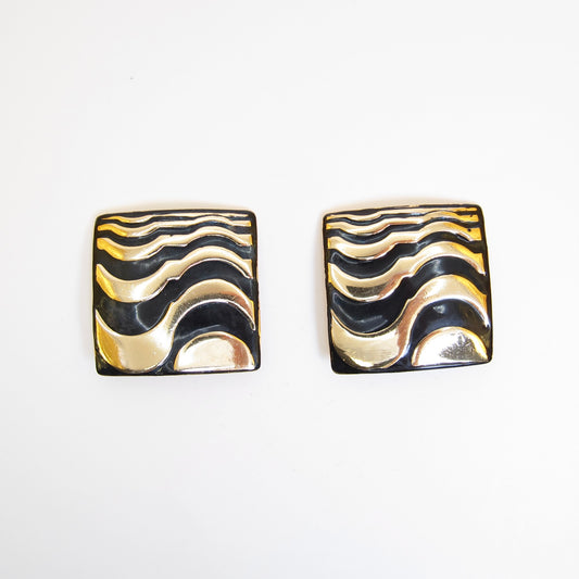 紀梵希復古方形黑色金色夾式耳環