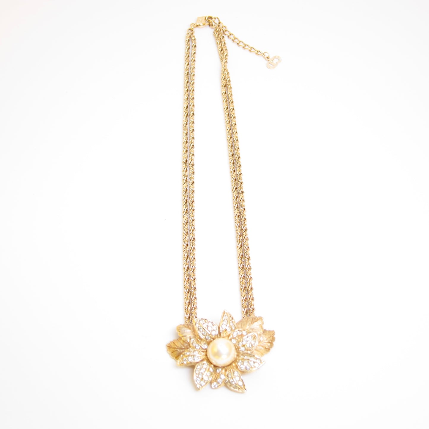 Christian Dior Vintage Flower Motif with Pearl and Rhinestone Golden Necklace