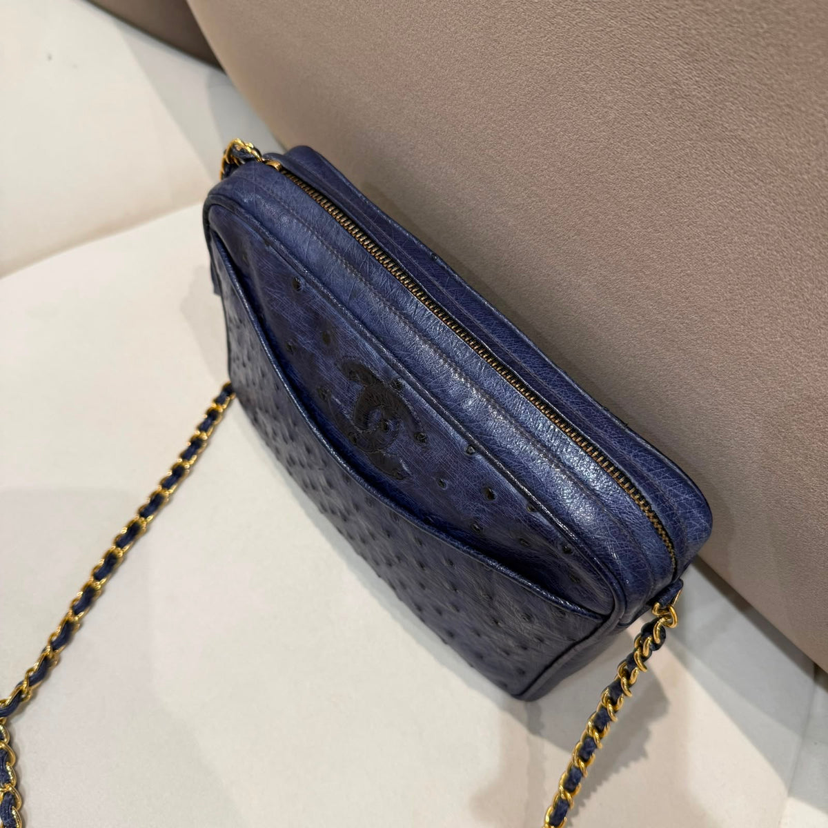 Chanel Vintage Navy Ostrich Fringe Chain Shoulder Bag