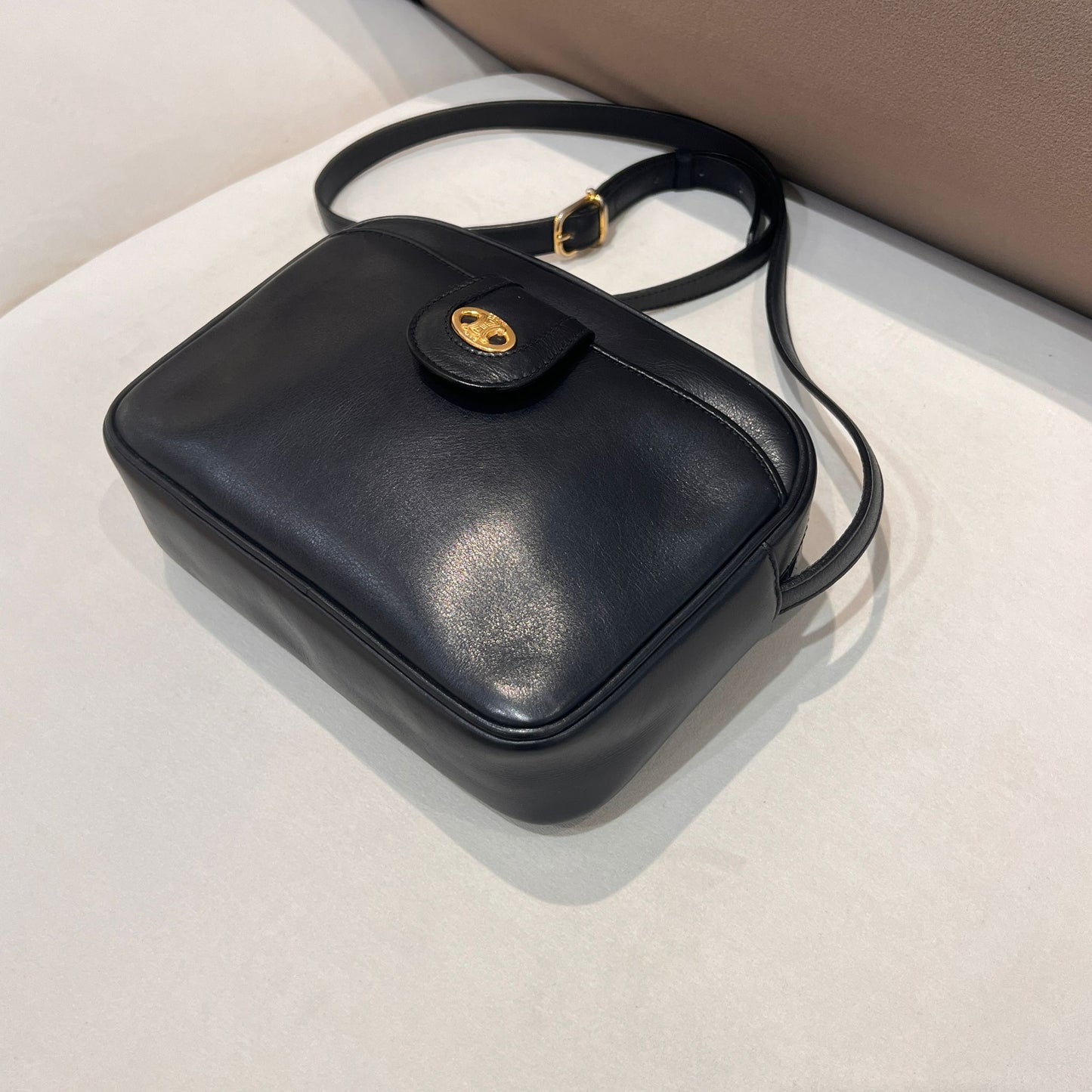 Celine Vintage Black Leather Oval Clasp Shoulder Bag