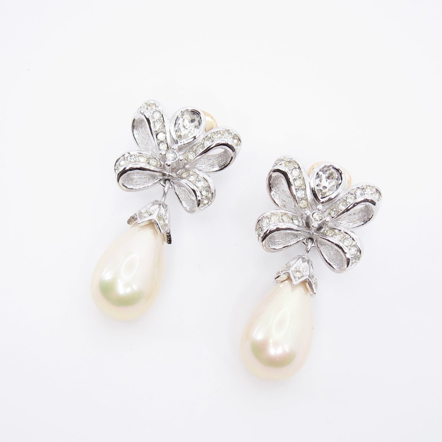 Christian Dior Vintage Ribbon with Rhinestone and Pearl Two Tone Clip-on Earrings