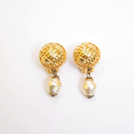 Celine Vintage Round Shape and Pearl Dangling Golden Clip-on Earrings