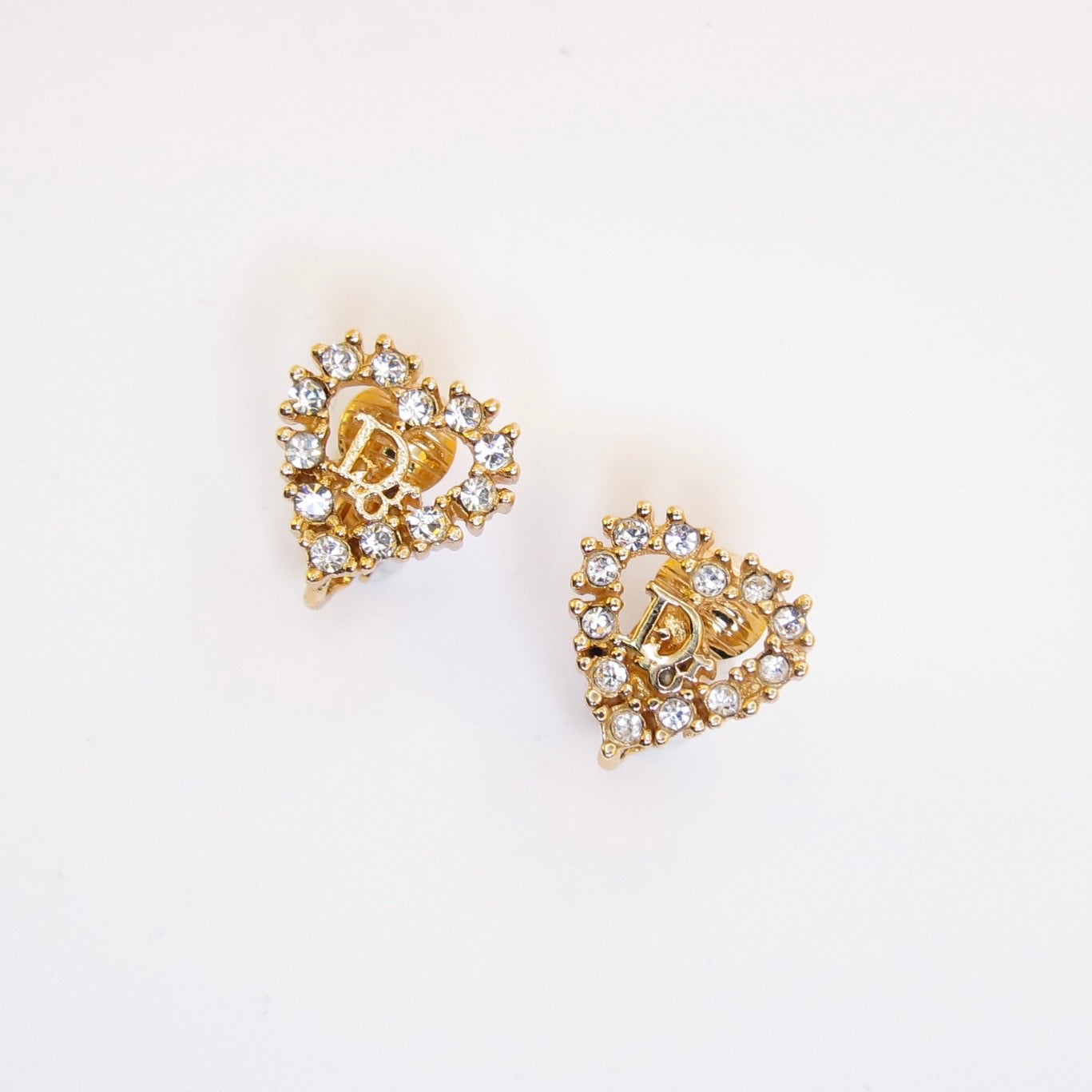 Christian Dior Vintage Dior Logo in Heart with Rhinestone Golden Clip-on Earrings