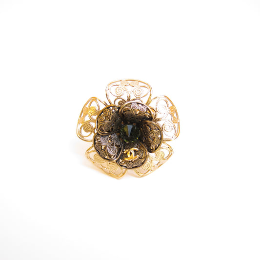 Chanel Vintage CC Logo Flower Motif Golden Ring #12.5