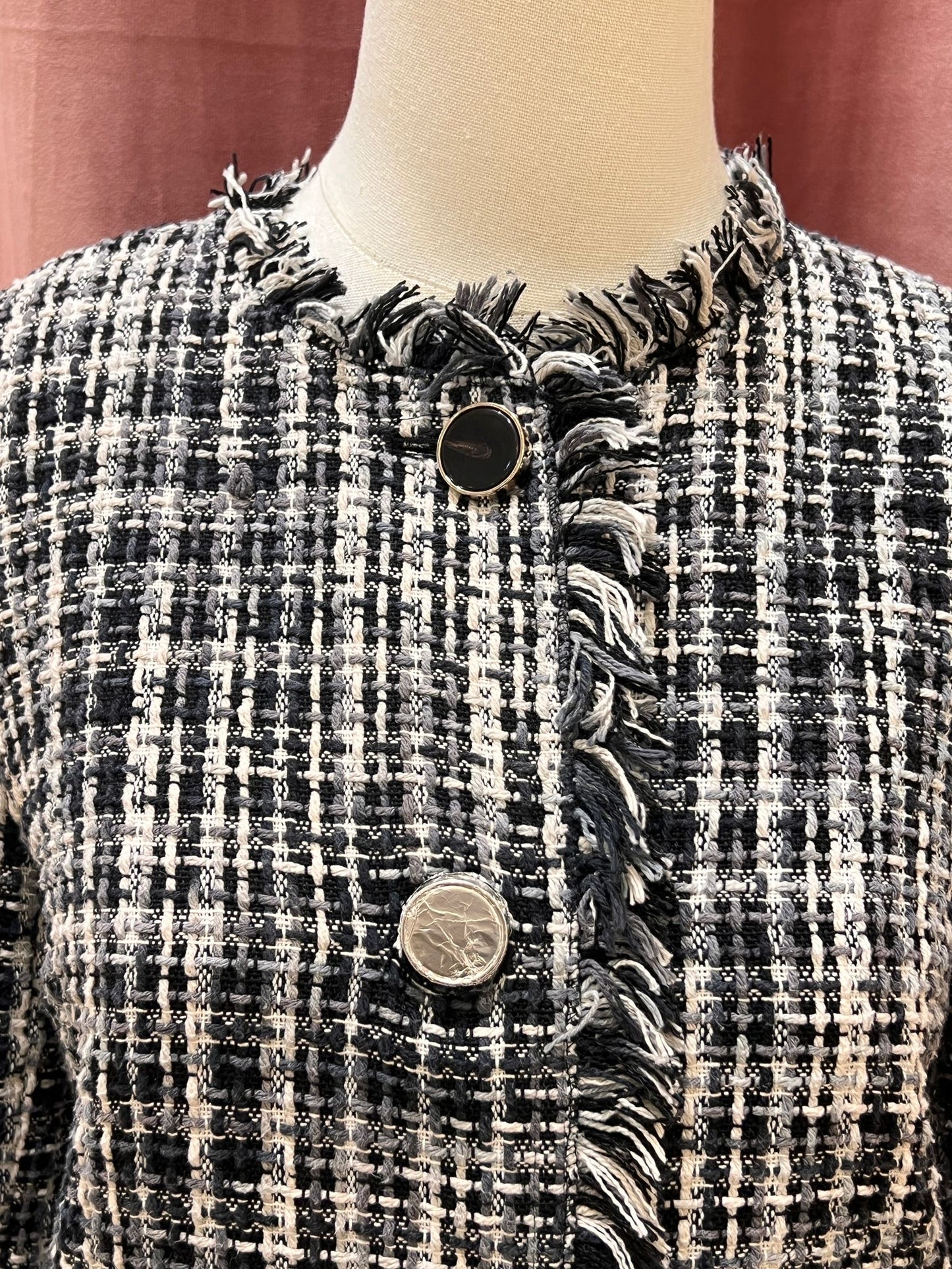 Kate Spade Black and White Checkered Cotton Tweed Jacket
