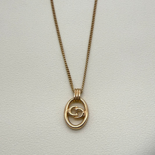 Christian Dior Vintage CD Logo in Oval Shape Pendant Golden Necklace