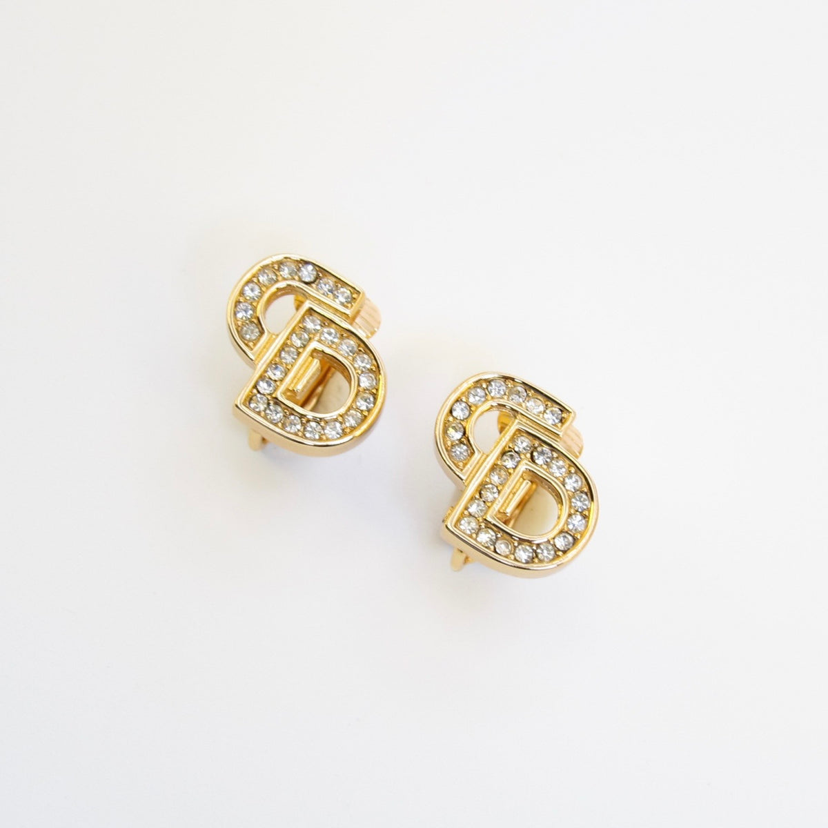 Christian Dior 中古密鑲閃石 CD 字母金色耳夾
