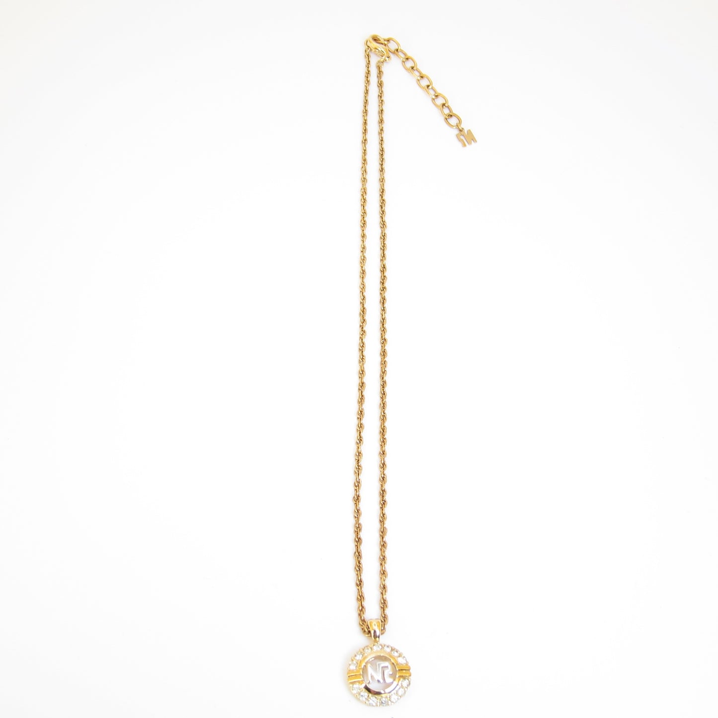 Nina Ricci Vintage NR Logo in Circle with Rhinestone Golden Necklace