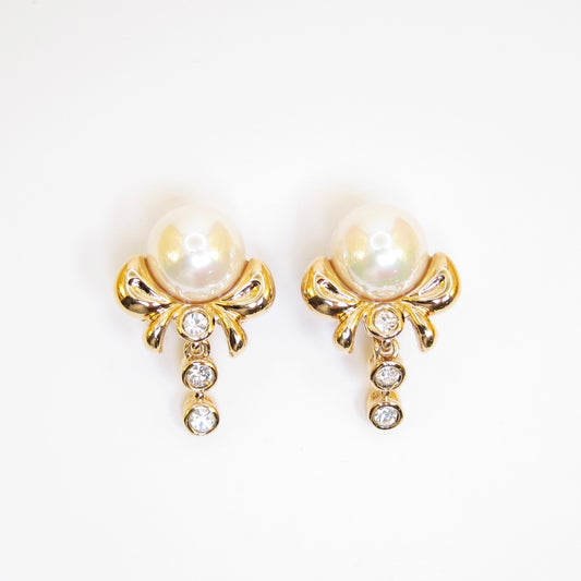 Nina Ricci Vintage Pearl on Ribbon and Rhinestone Golden Clip-on Earrings