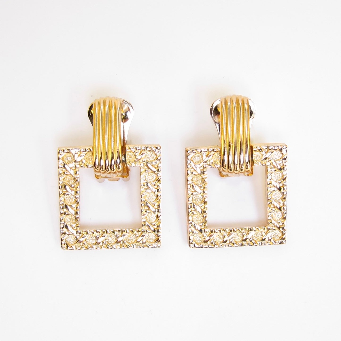 Christian Dior Vintage Textured Square Drop Golden Clip-on Earrings