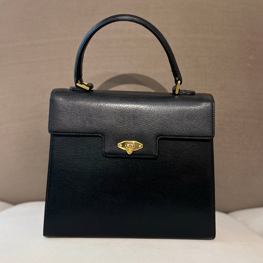 Valentino Vintage Golden Buckle With Black Leather Top Handle Handbag