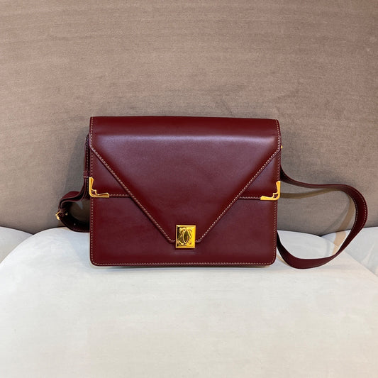 Cartier Must Line Vintage Burgundy Leather Gold Logo Shoulder Bag