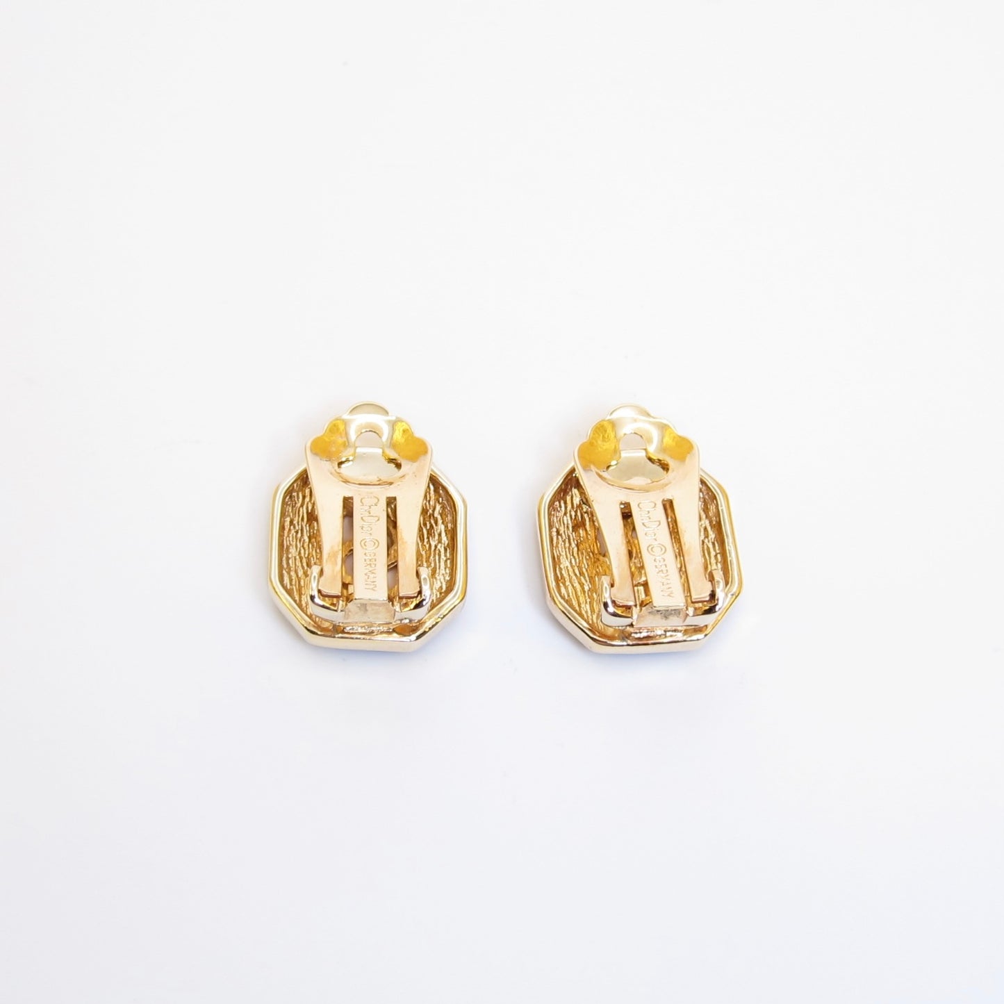Christian Dior Vintage CD Logo in Octagon Black and Rhinestone Golden Clip-on Earrings
