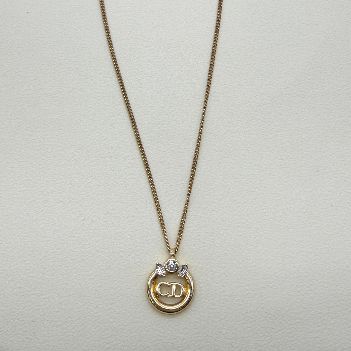 Christian Dior Vintage CD Logo in Circle with Rhinestone Golden Necklace