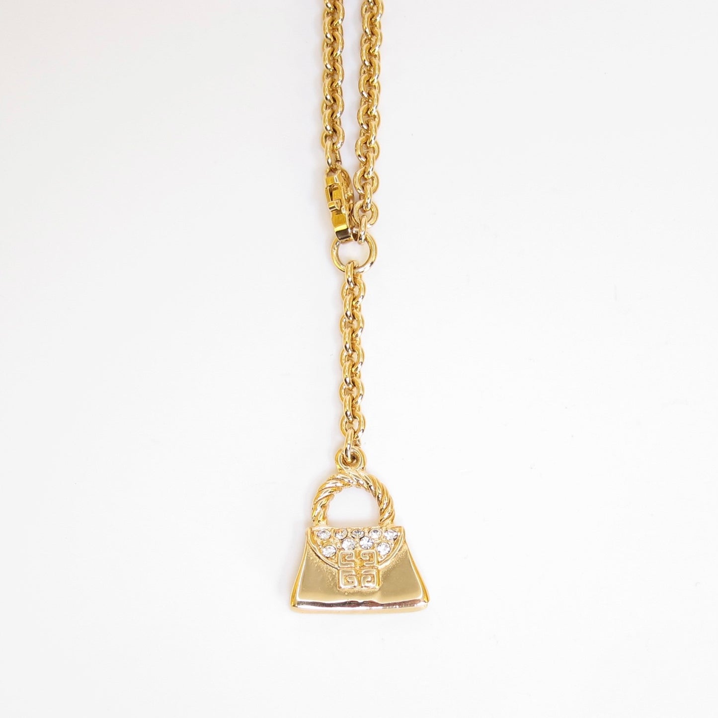 Givenchy Vintage 4G Logo and Rhinestone Handbag Pendant Golden Y-Necklace
