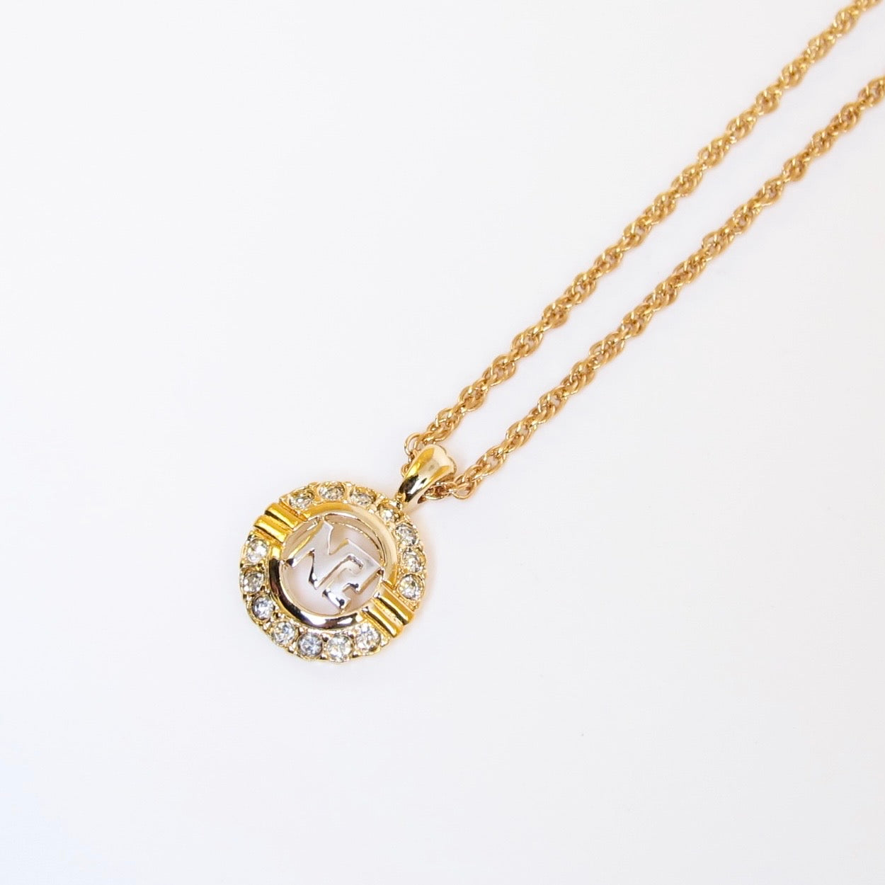 Nina Ricci Vintage NR Logo in Circle with Rhinestone Golden Necklace