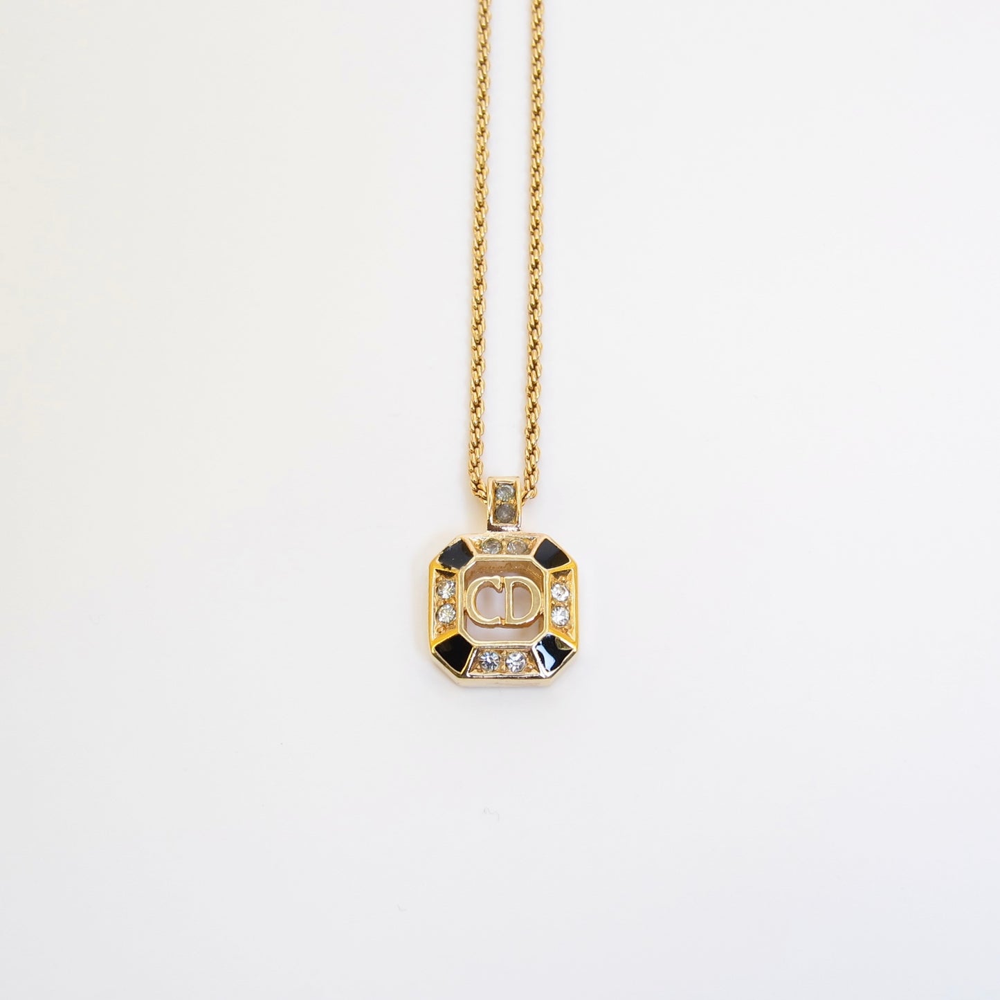 Christian Dior Vintage CD Logo in Octagon Black and Rhinestone Golden Necklace