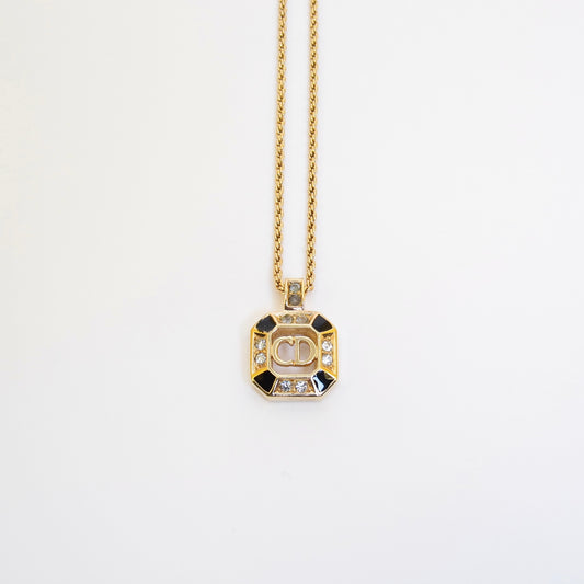 Christian Dior Vintage CD Logo in Octagon Black and Rhinestone Golden Necklace