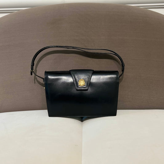 Celine Vintage Triomphe Gold Logo Black Leather Shoulder Bag