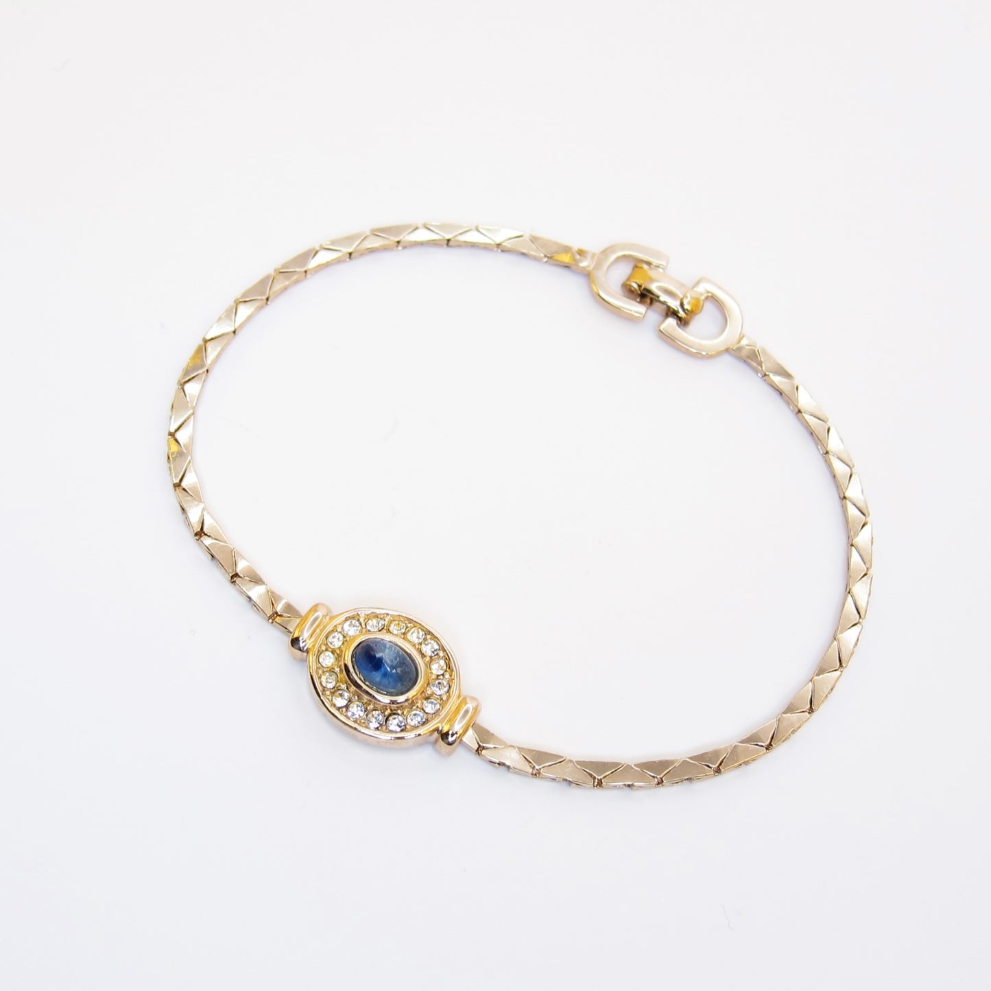Christian Dior Vintage Oval Shaped Blue Color Stone with Rhinestone Golden Bracelet
