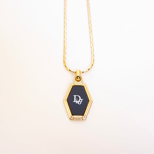 Christian Dior Vintage Dior Logo on Hexagon Black and Golden Necklace