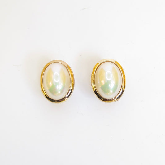 Christian Dior 復古橢圓形珍珠金色夾式耳環