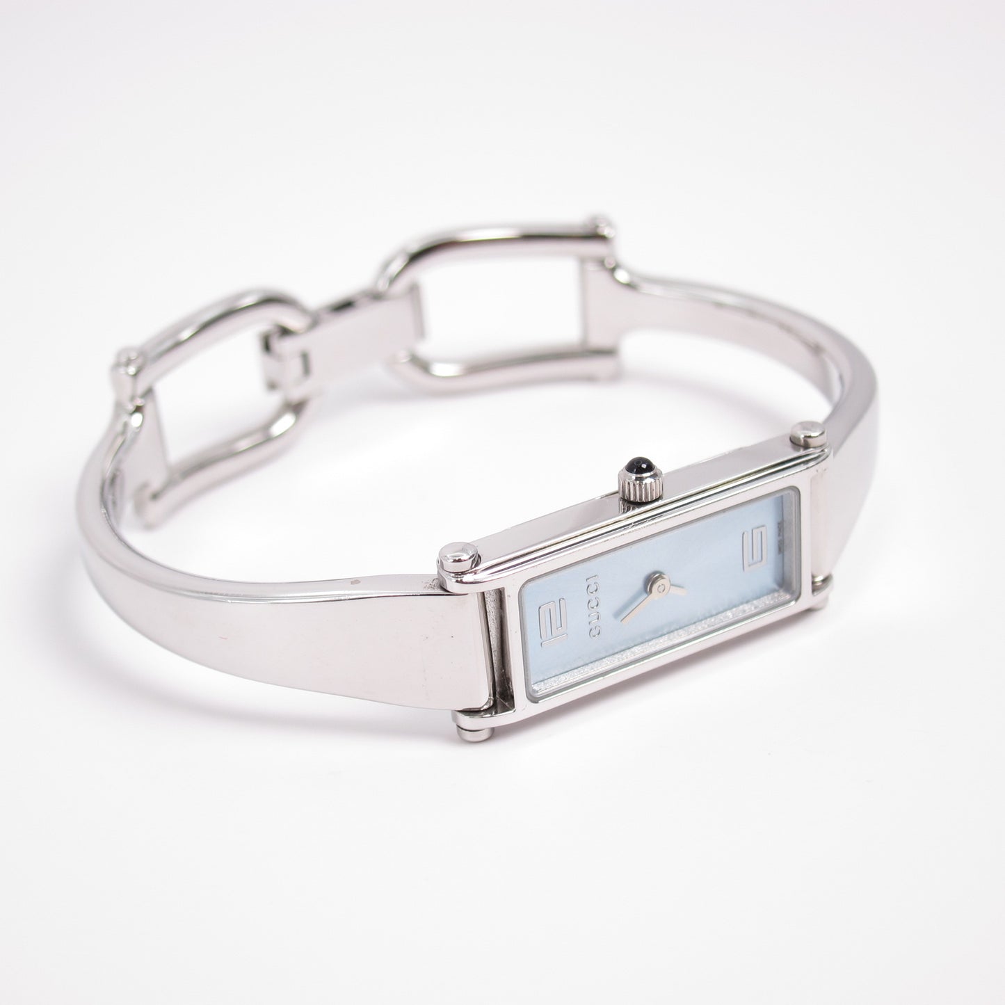 Gucci Vintage Rectangle Blue Face Silver Bangle Watch
