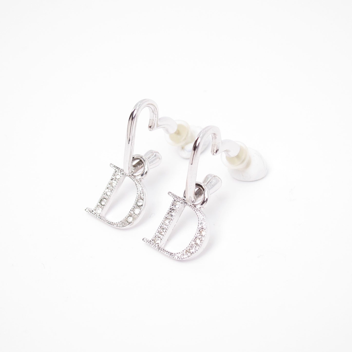 Christian Dior Vintage D Logo with Rhinestone on Heart Silver Earrings