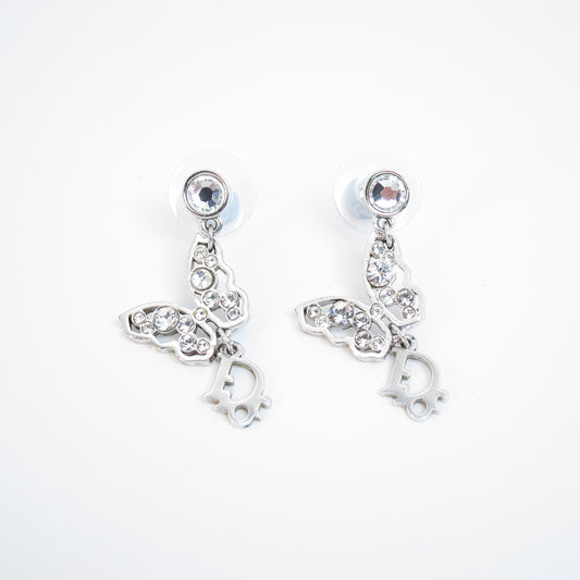 Christian Dior Vintage Dior Logo and Butterfly with Rhinestone Silver Earrings