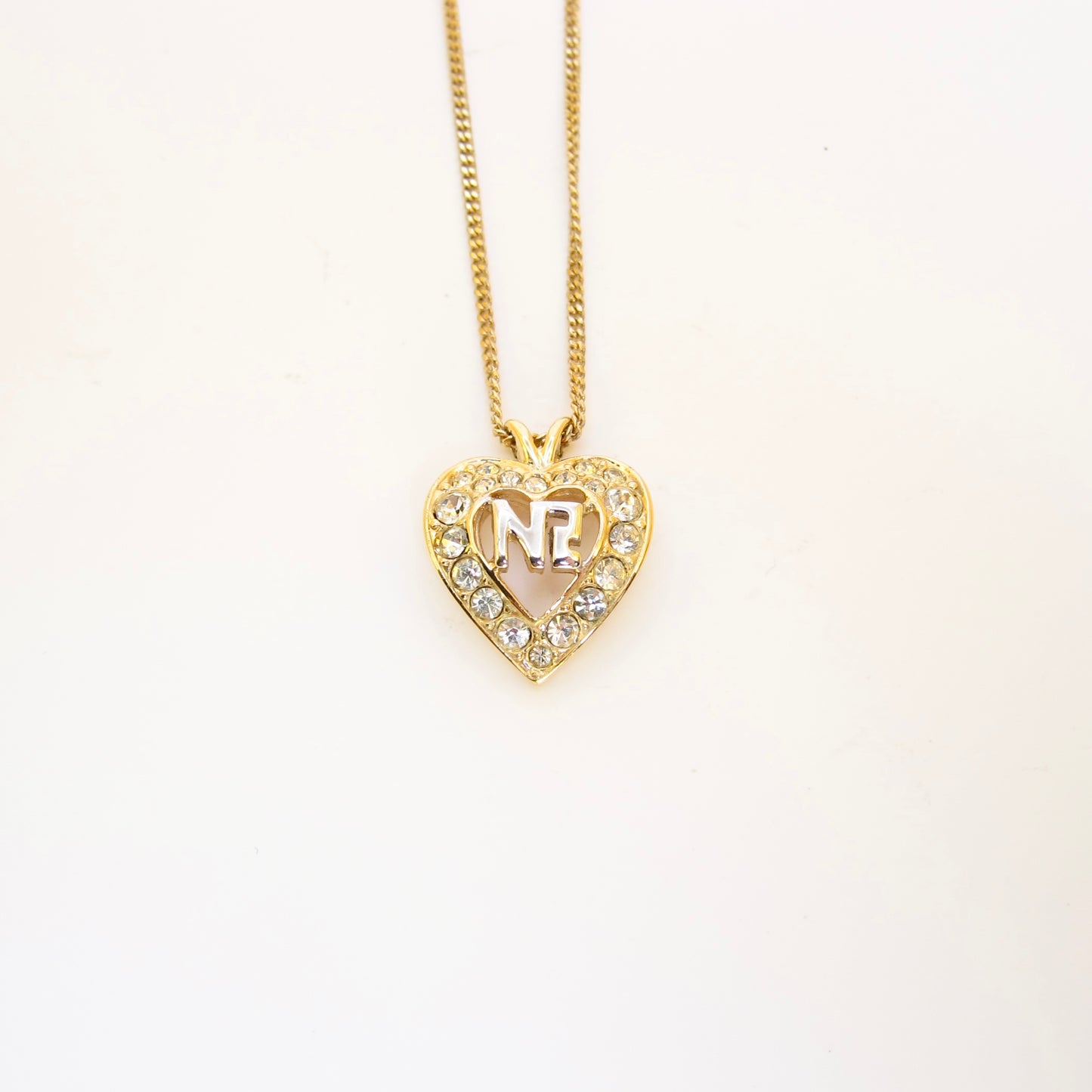 Nina Ricci Vintage NR Logo in Heart with Rhinestone Golden Necklace