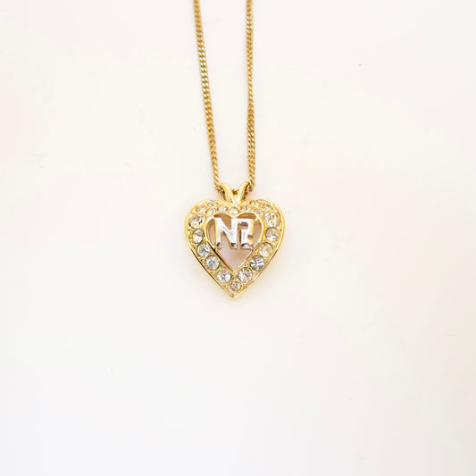 Nina Ricci Vintage NR Logo in Heart with Rhinestone Golden Necklace
