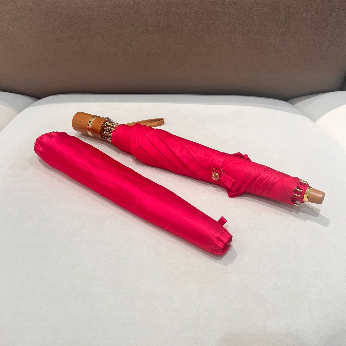 Christian Dior Vintage Red Monogram Oblique Folding Umbrella with Wood Handle