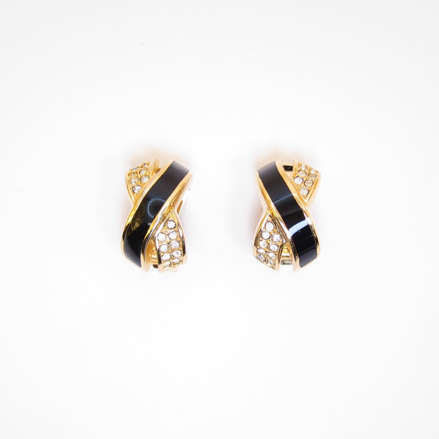 Christian Dior Vintage Black and Rhinestone Cross Golden Clip-on Earrings