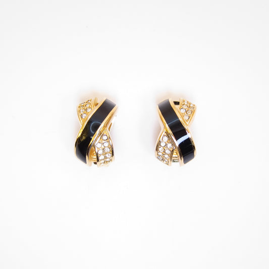 Christian Dior Vintage Black and Rhinestone Cross Golden Clip-on Earrings