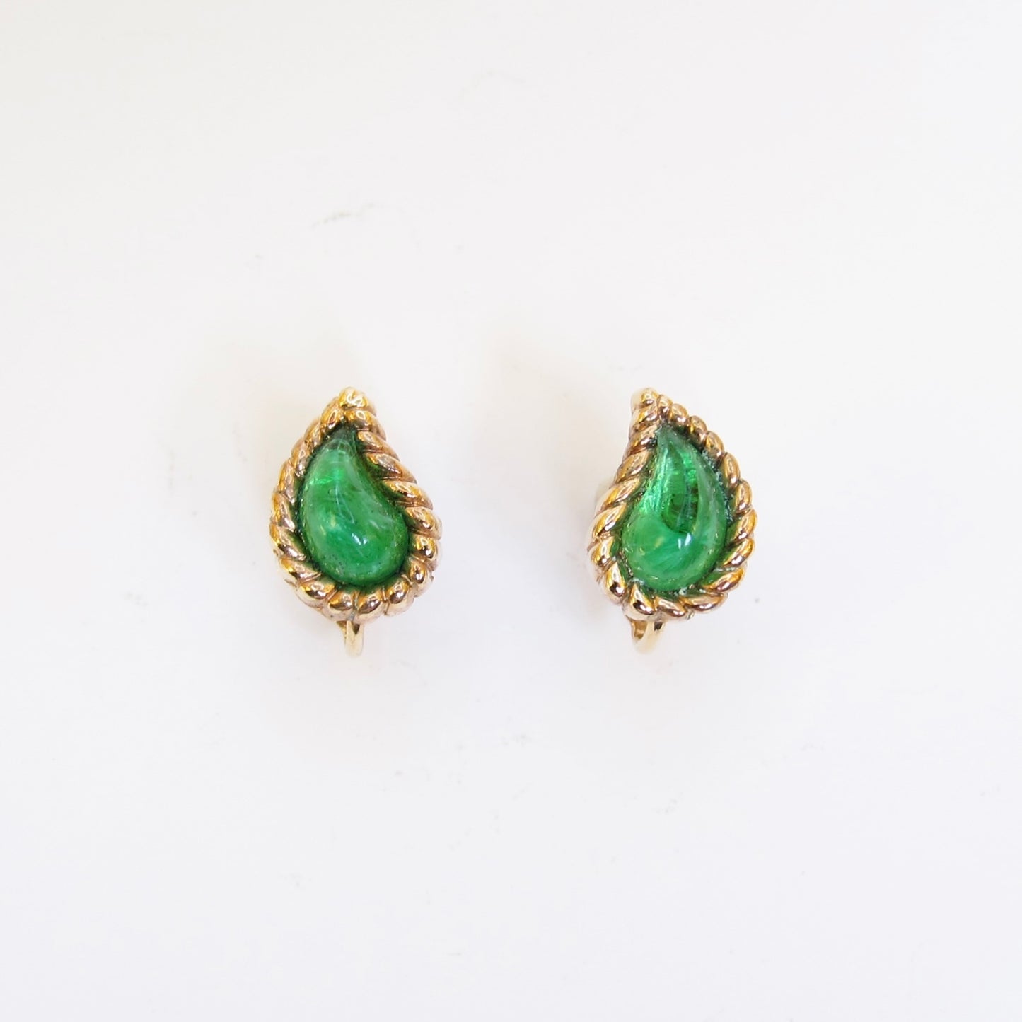 Christian Dior Vintage Pear Shaped Green Color Stone Golden Clip-on Earrings