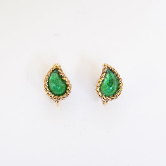 Christian Dior Vintage Pear Shaped Green Color Stone Golden Clip-on Earrings