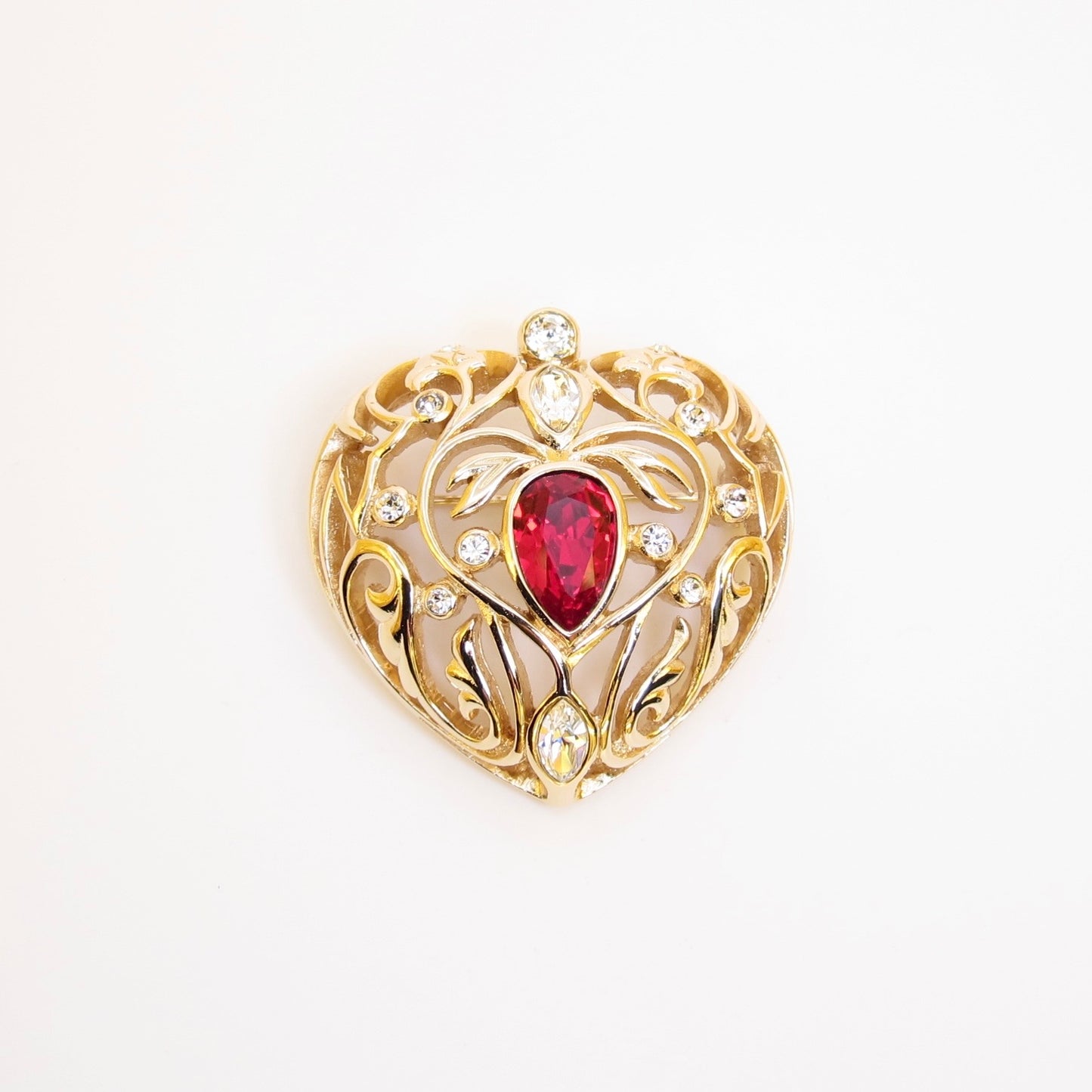 Christian Dior Vintage Heart with Red Stone and Rhinestone Golden Brooch