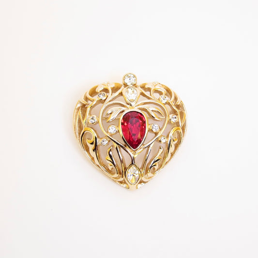 Christian Dior Vintage Heart with Red Stone and Rhinestone Golden Brooch