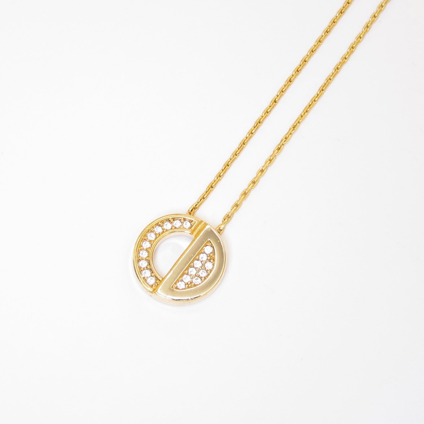 Christian Dior Vintage Round CD Logo with Rhinestone Golden Necklace