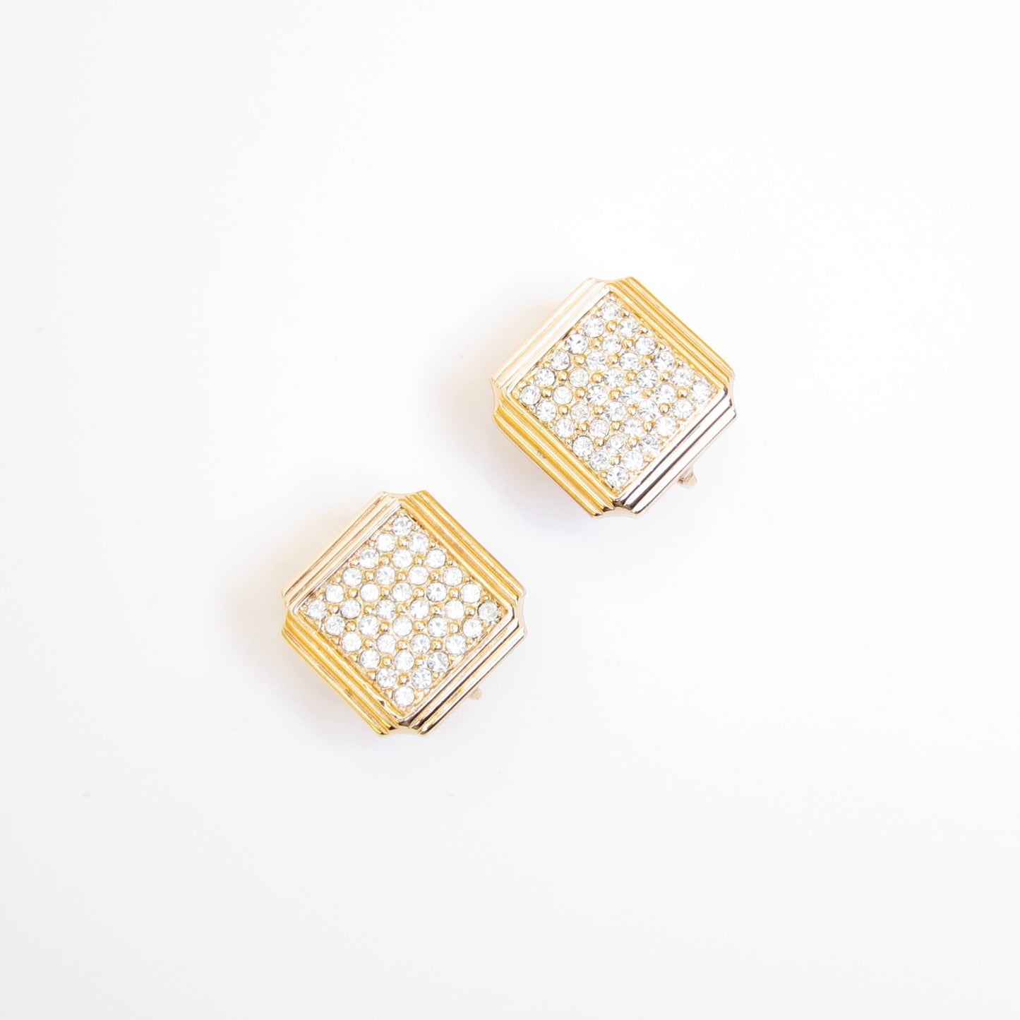 Christian Dior Vintage Square with Rhinestone Golden Clip-on Earrings