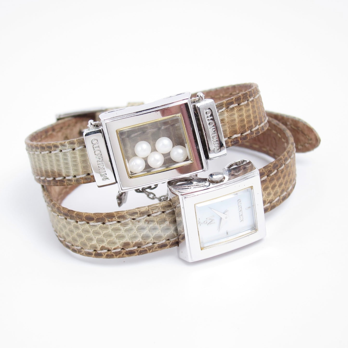 Mikimoto Vintage Shell Pearl Face and Pearl Box with Leather Strap Watch