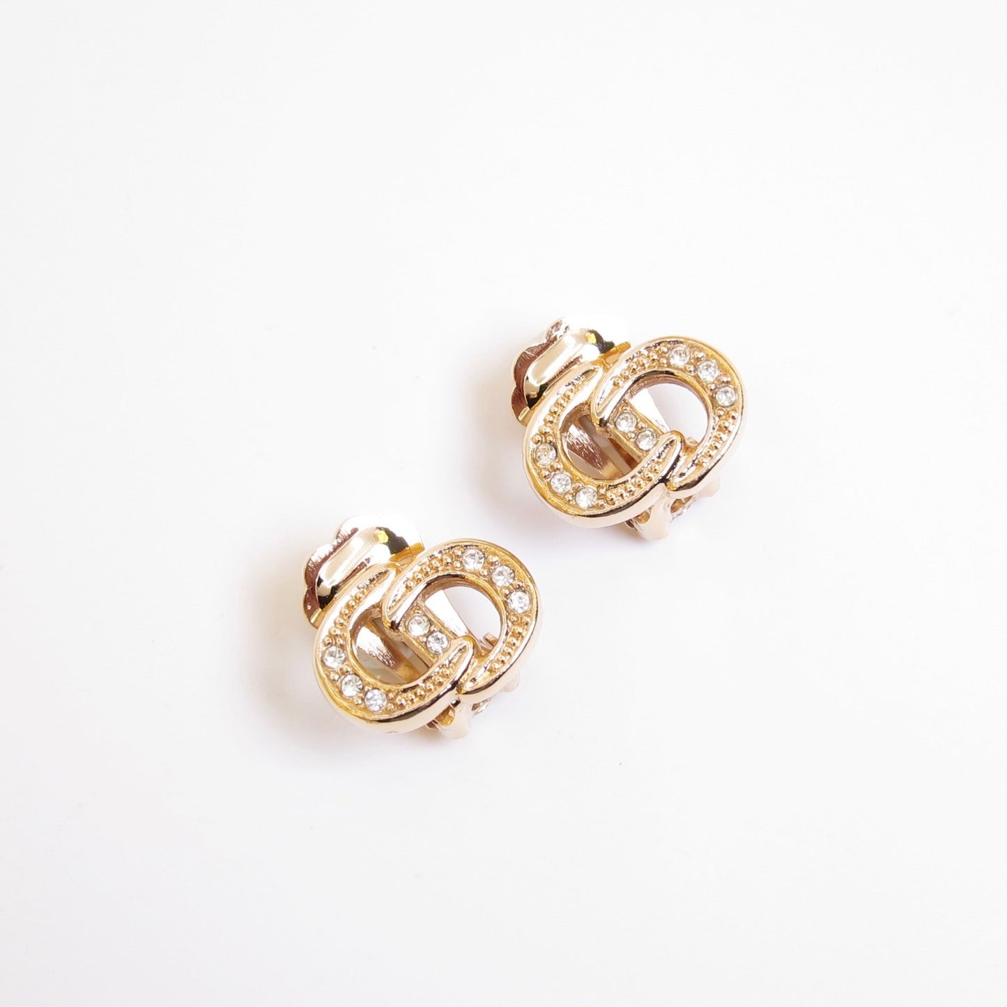 Christian Dior Vintage CD Logo with Rhinestone Golden Clip-on Earrings