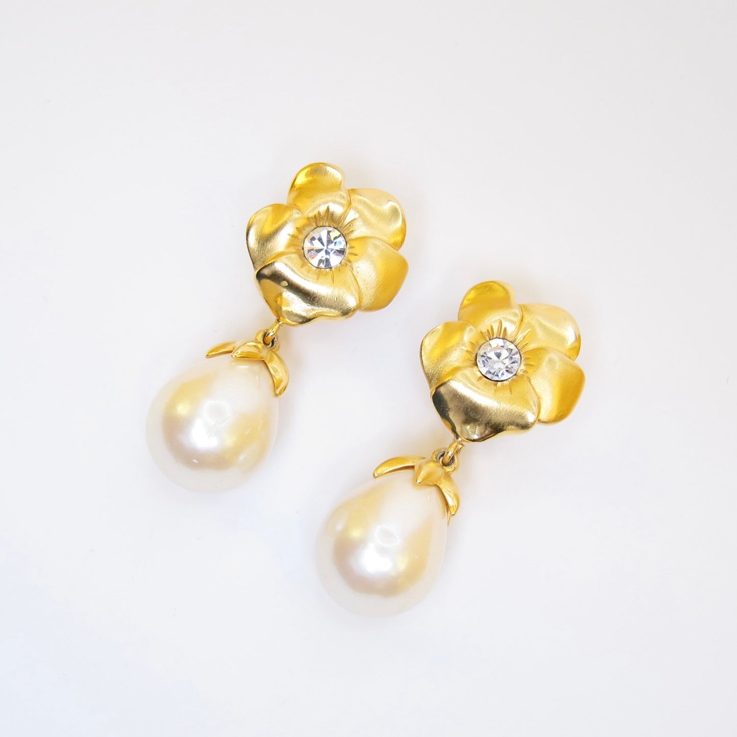 Givenchy Vintage Flower with Rhinestone and Pearl Dangle Golden Clip-on Earrings