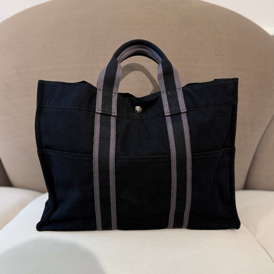 Hermès Vintage Air Line Black Canvas Tote Bag With Striped Web Handles