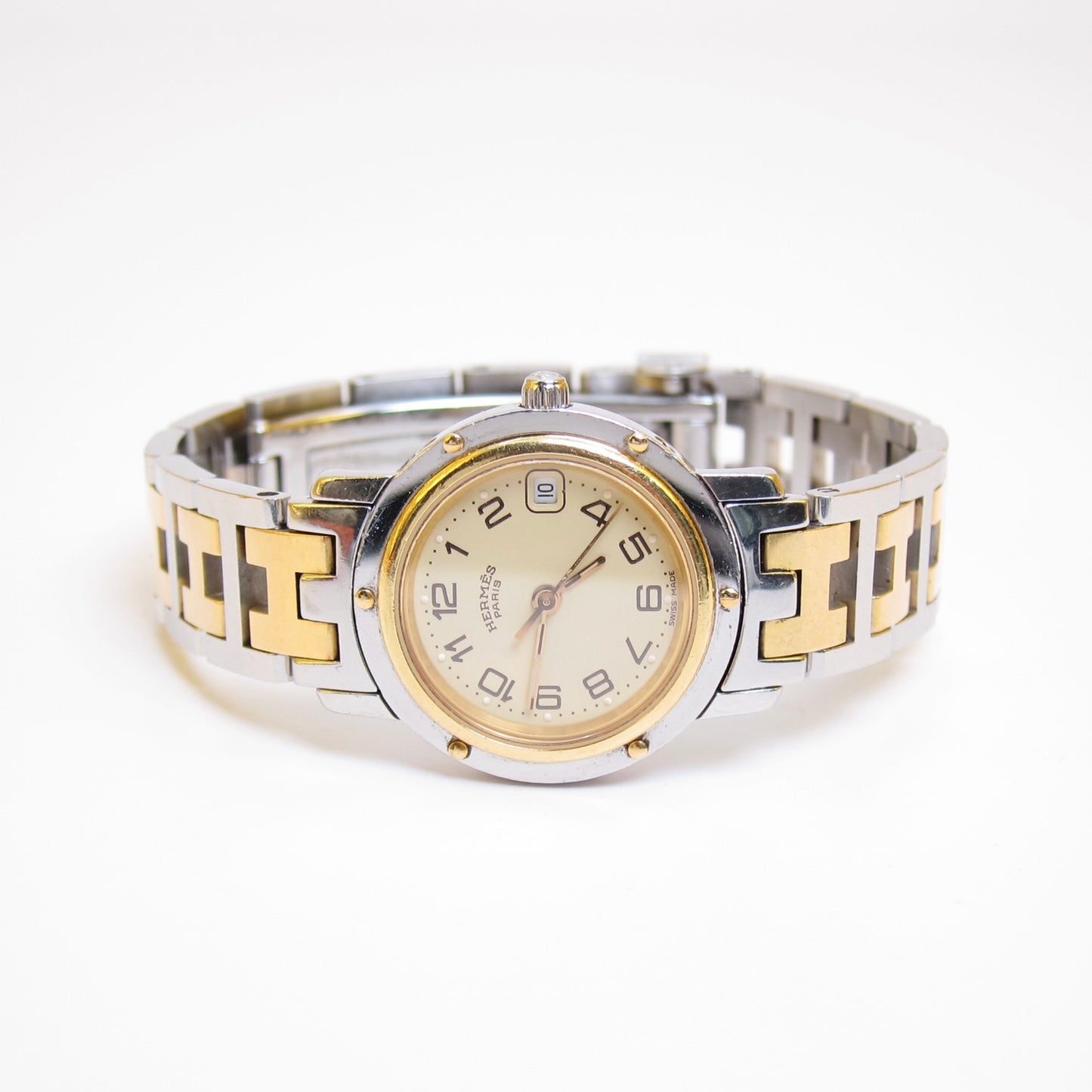 Hermes Vintage Clipper Ivory Face with Date and H Bracelet Two Tone Watch