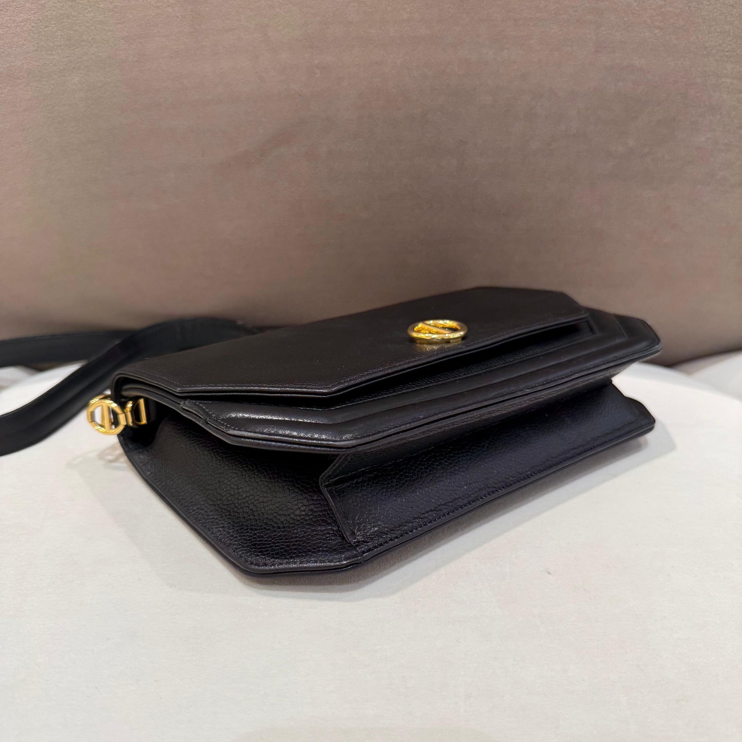 Christian Dior Vintage Black Grained Leather Logo Flap Shoulder Bag