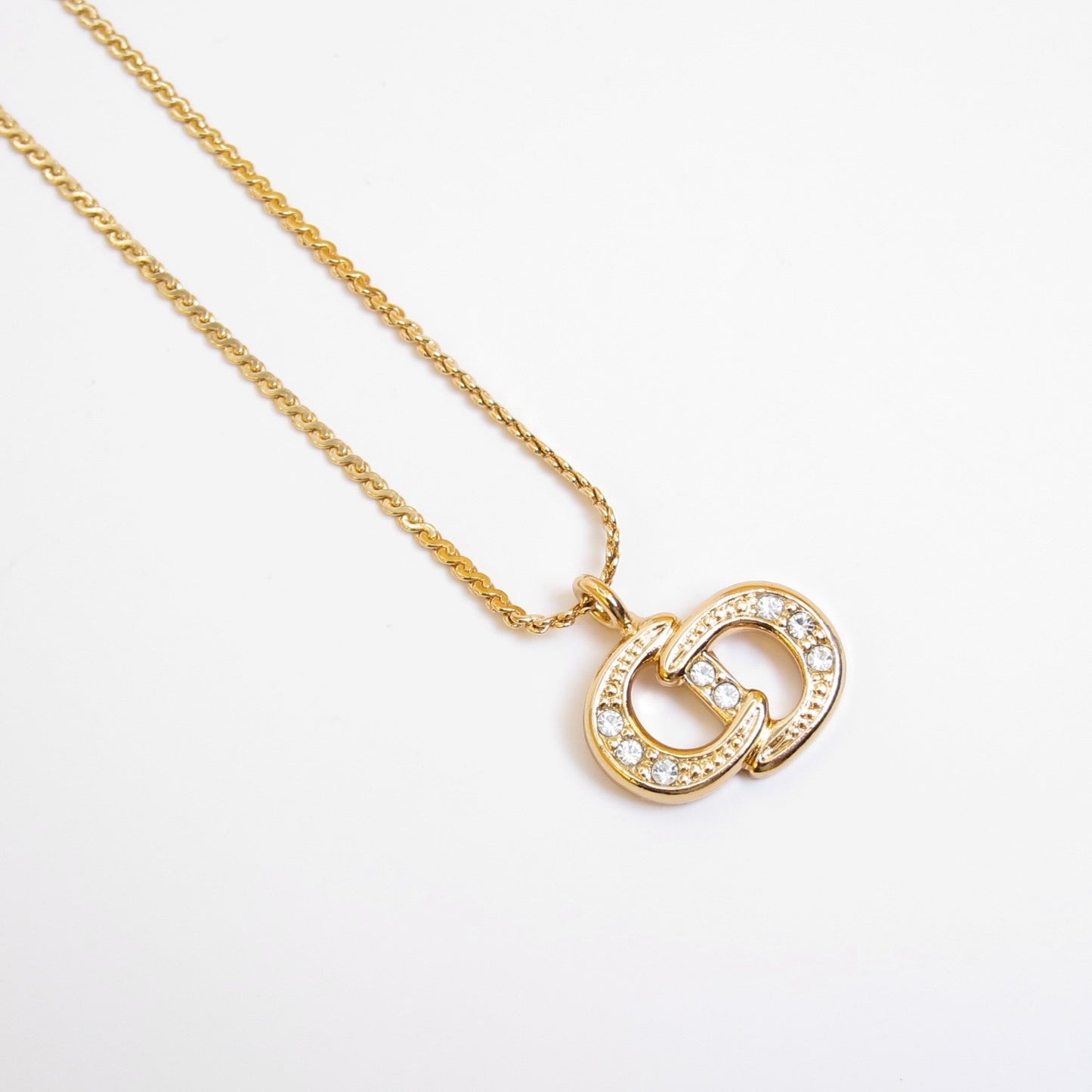 Christian Dior Vintage CD Logo with Rhinestone Golden Necklace