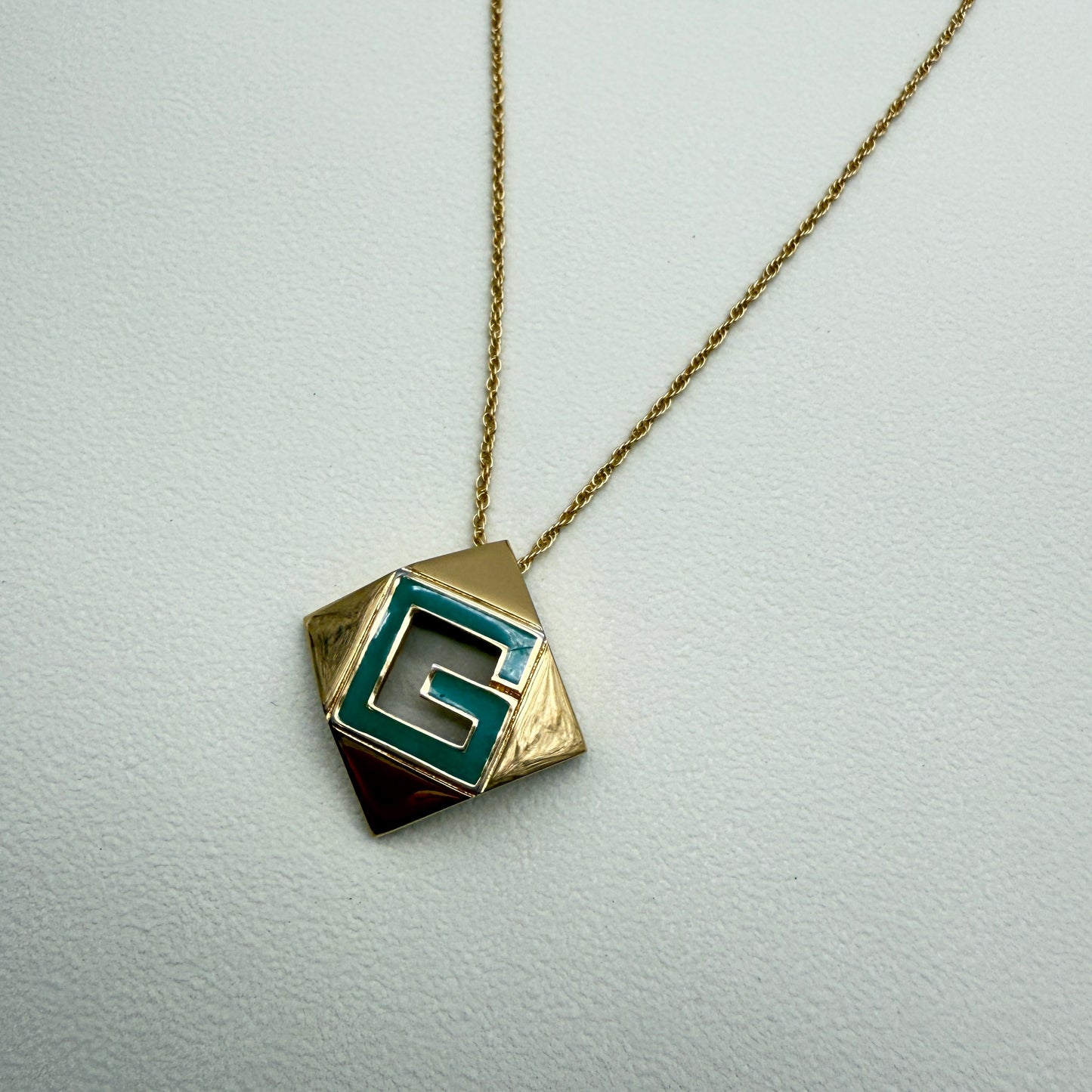 Givenchy Vintage Green Color G Logo in Rhombus Pendant Golden Necklace